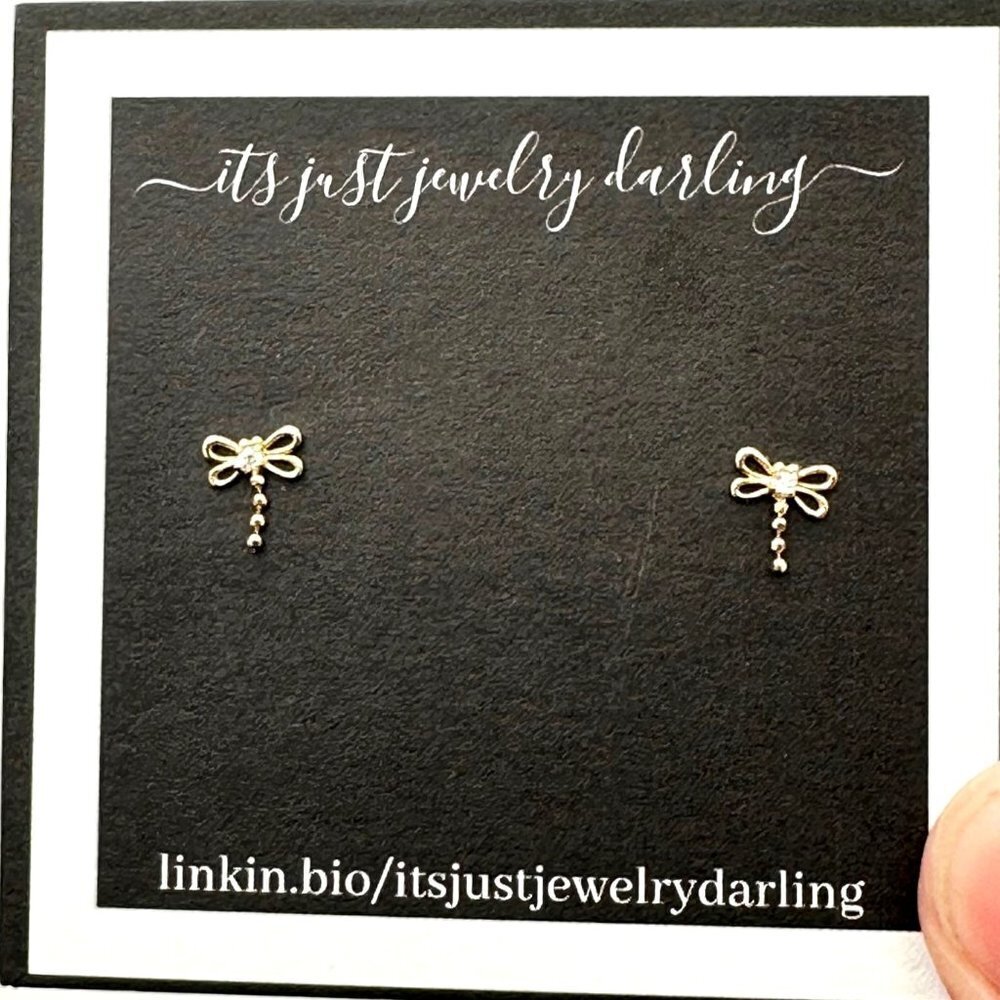 Womens Earrings 14K Yellow Gold CZ Dragonfly Pierced Gift Idea for Her Estate